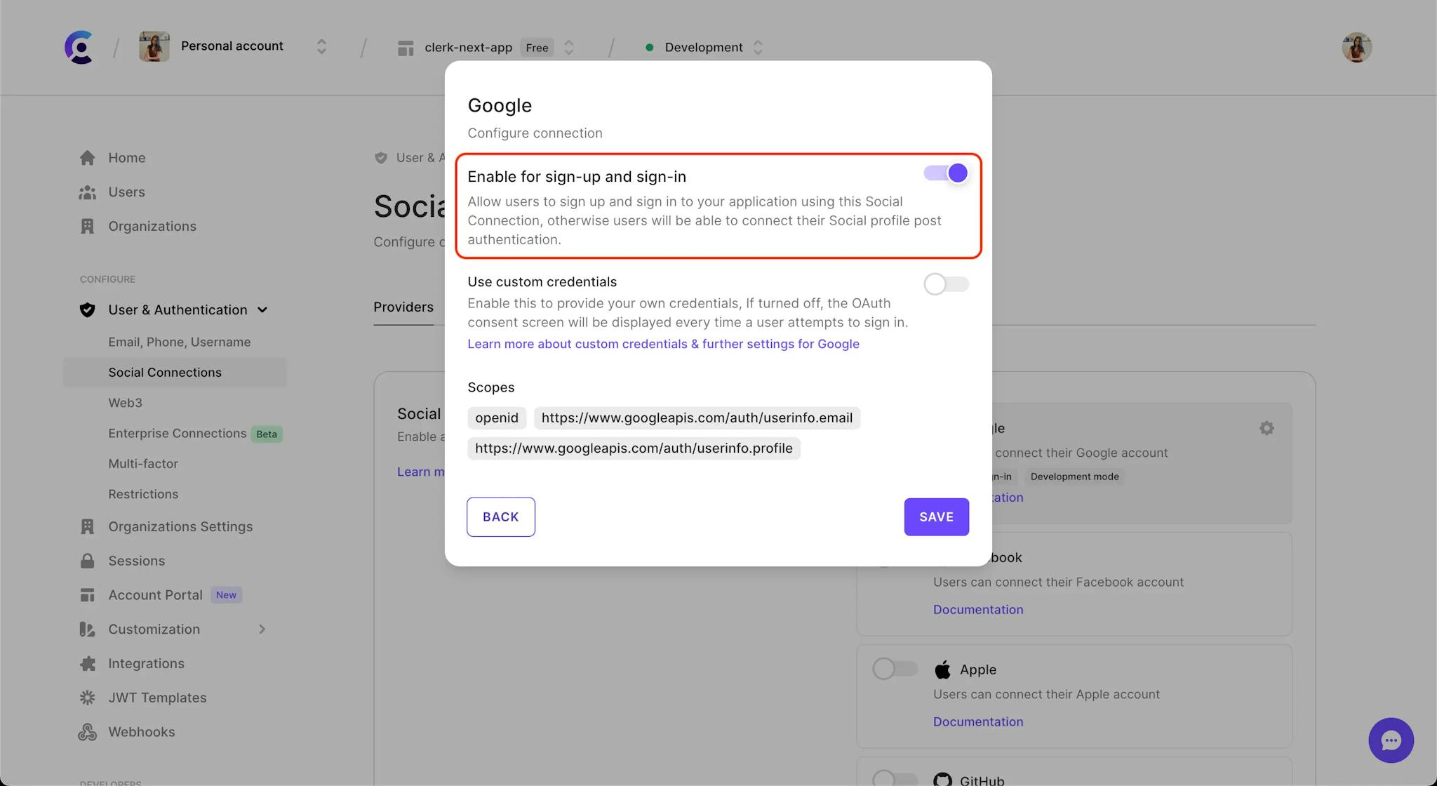 The 'Google' social connection settings modal with a red box surrounding the 'Enable for sign-up and sign-in' section.