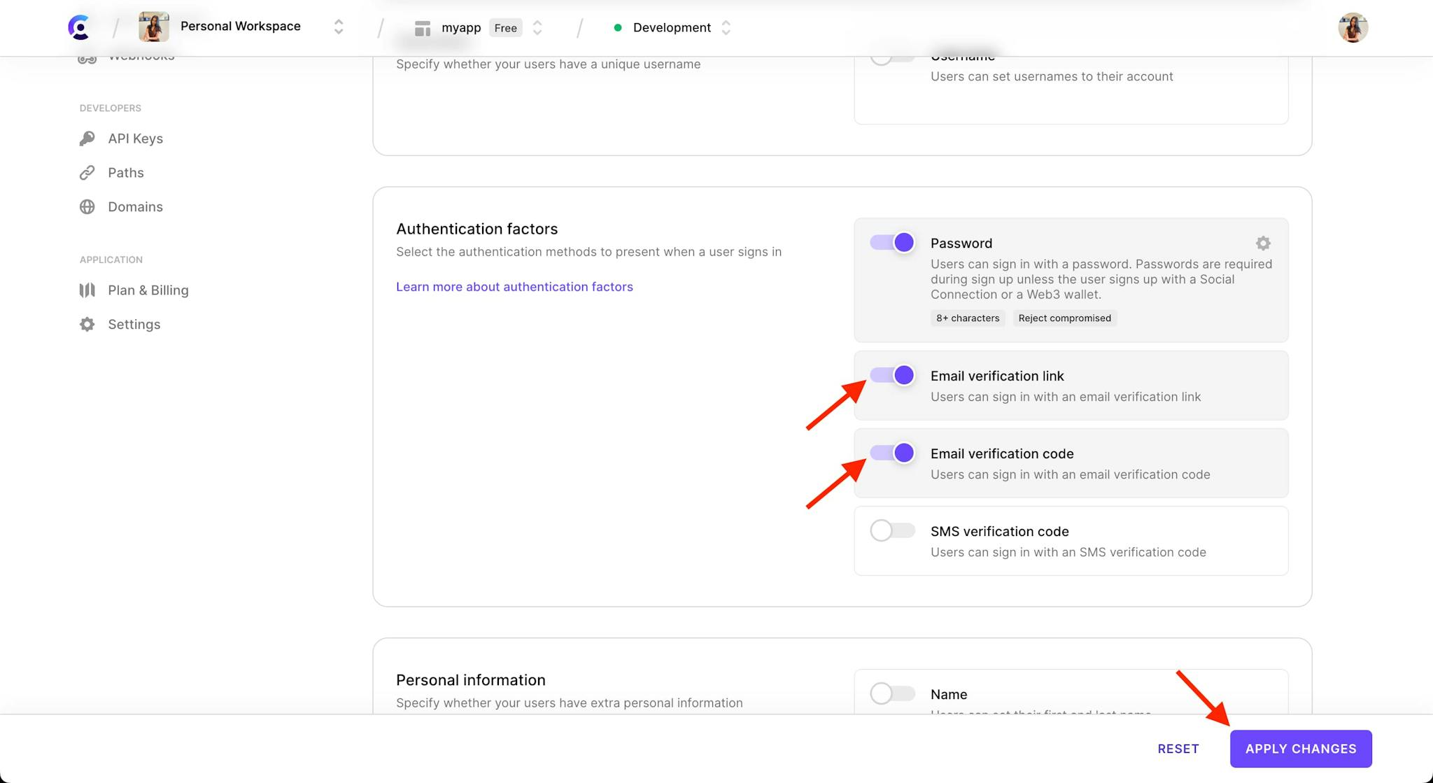 The 'Authentication factors' section under 'Email, Phone, Username' tab with a red arrow pointing to the 'Email verification link' toggle and 'Email verification code, both toggled on. There is also a red arrow pointing to the 'Apply changes' button.