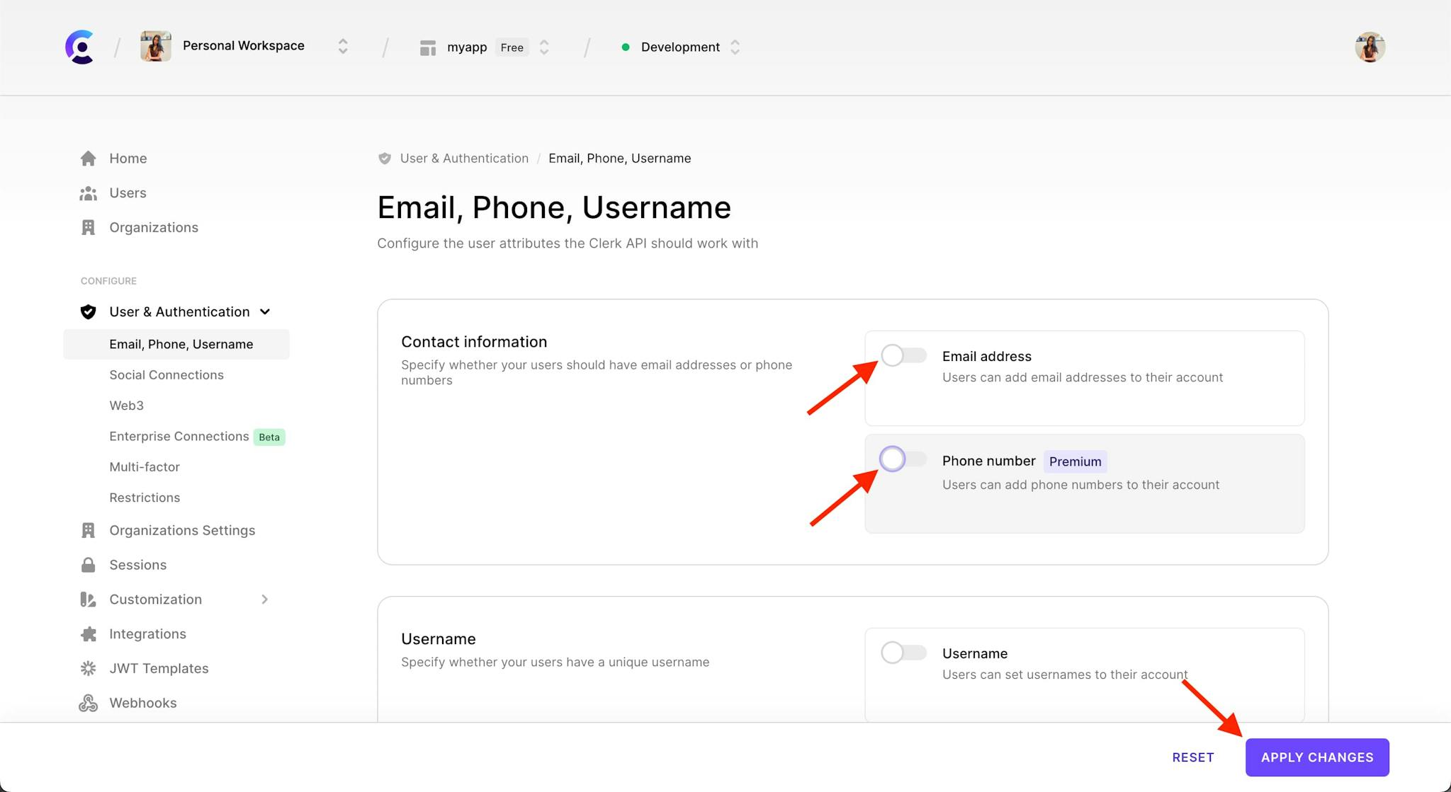 The 'Email, Phone, Username' tab with a red arrow pointing to the toggle next to 'Email address' and 'Phone number', both toggled off. There is also a red arrow pointing to the 'Apply changes' button.