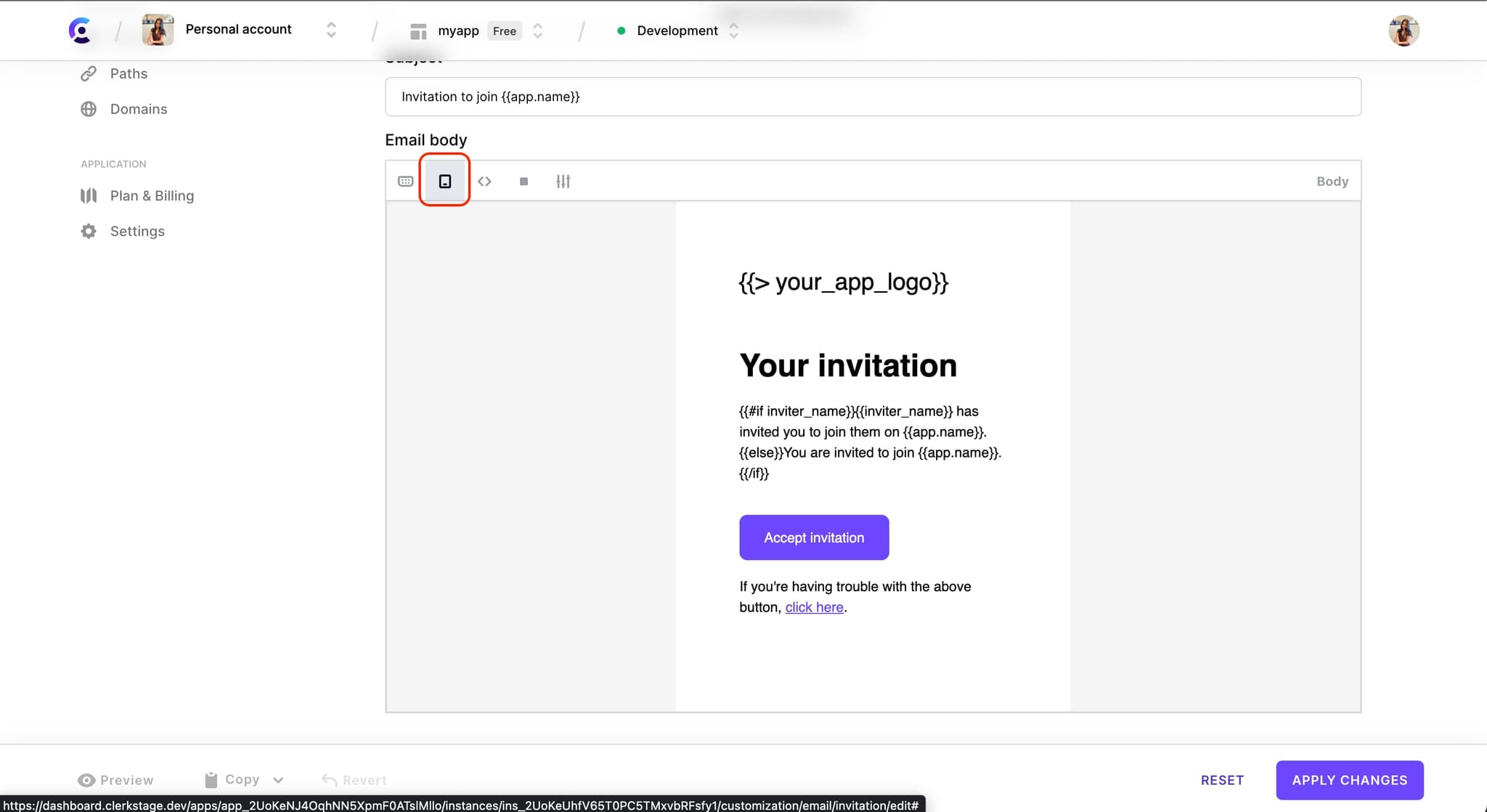 The 'Invitation' email template customization page. There is a red box around the 'Mobile view' icon in the toolbar of the 'Email body' WYSIWG editor.