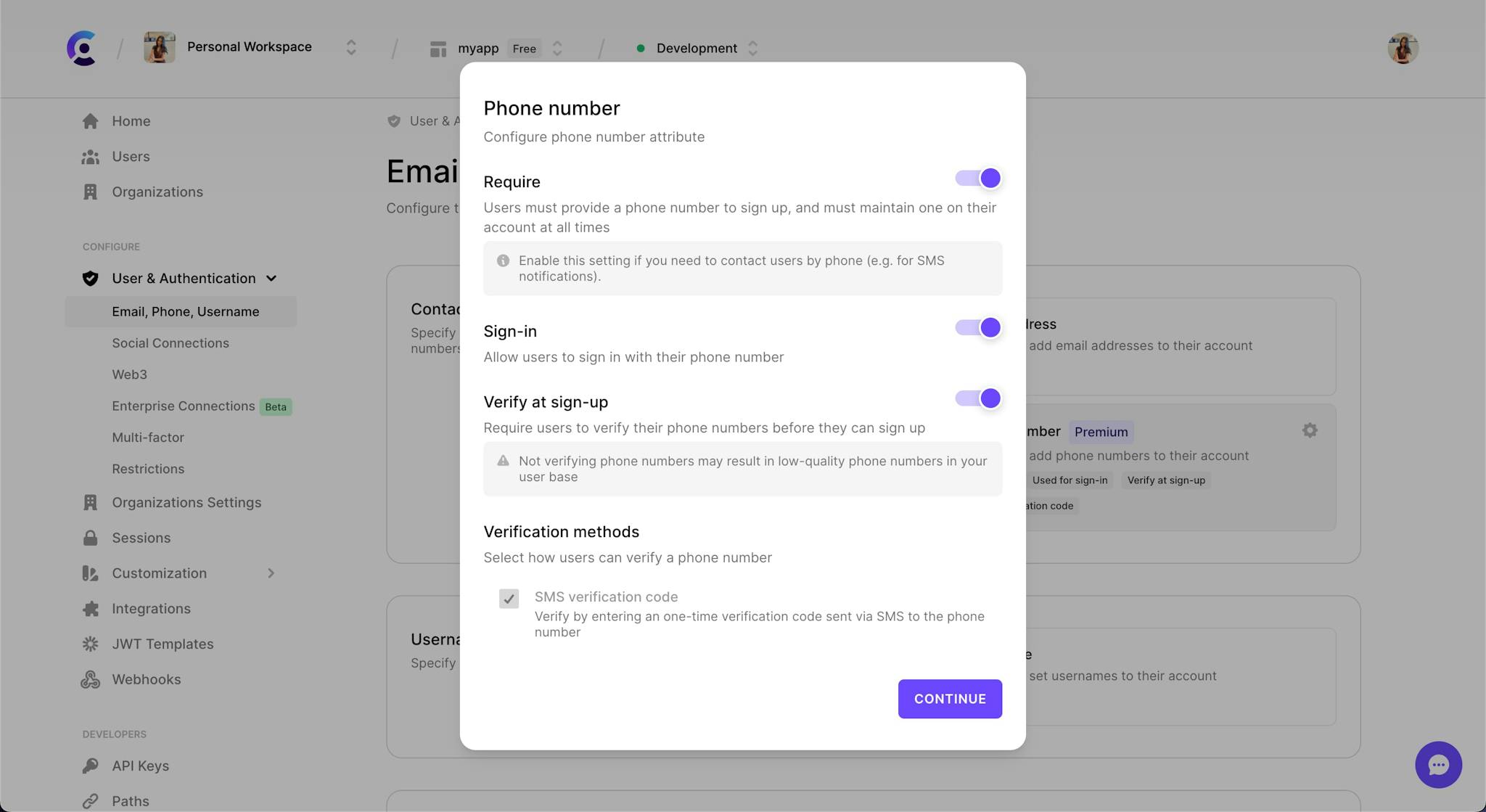 The 'Phone number' configuration settings with all options toggled on.