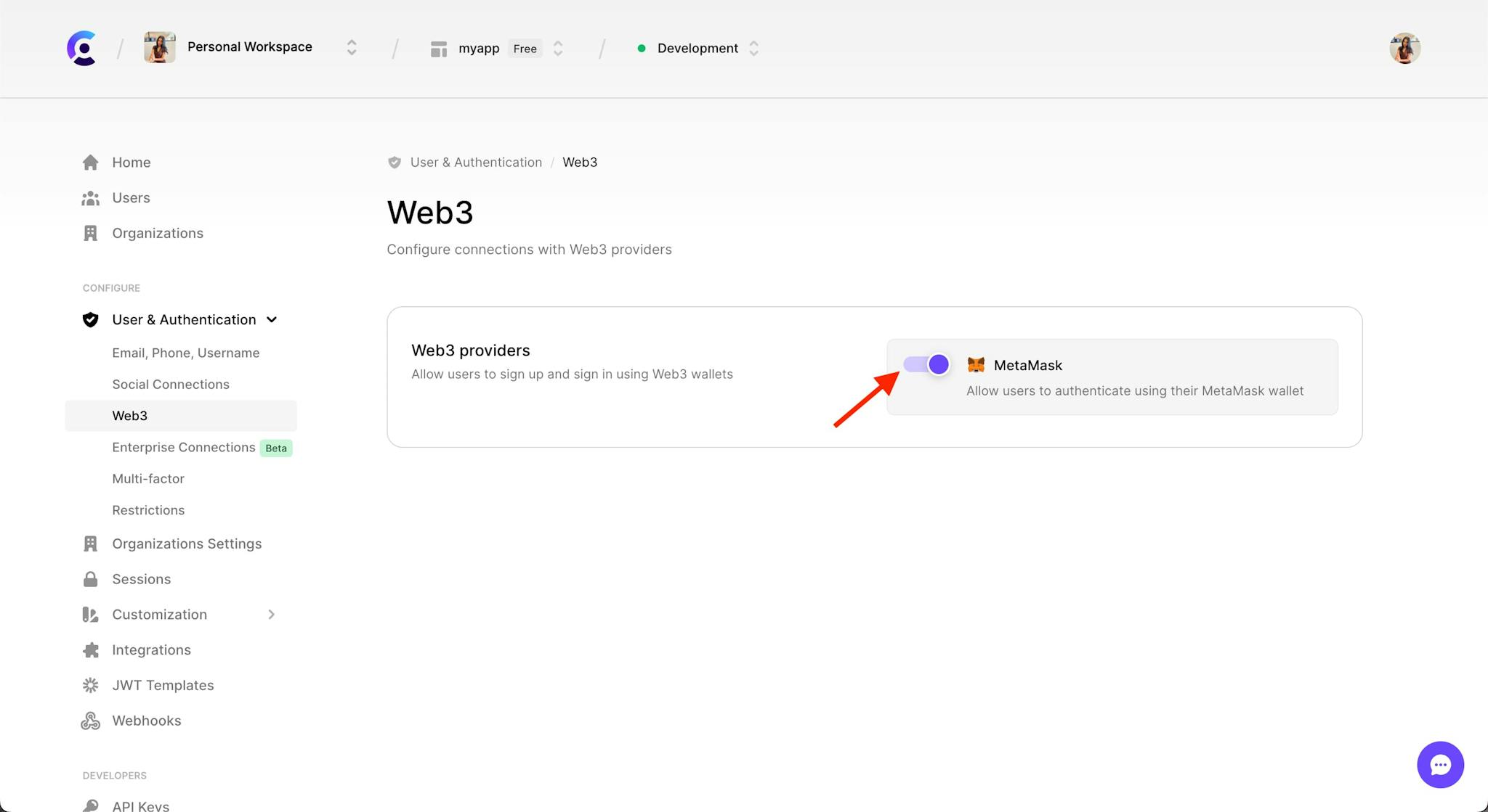 The 'Web3' tab under the 'User & Authentication' section with a red arrow pointing to the 'Metamask' toggle, which is toggled on.