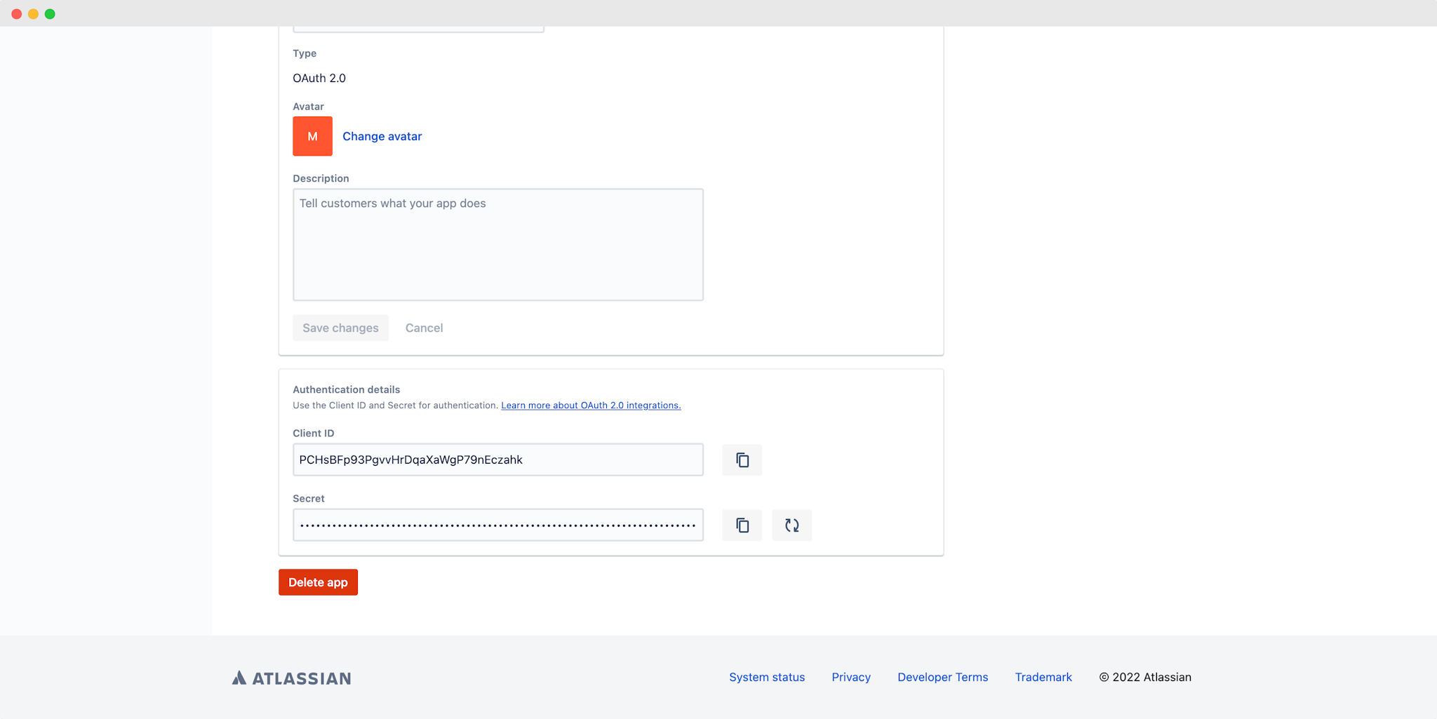 Atlassian OAuth 2.0 settings page with Client ID & Client Secret