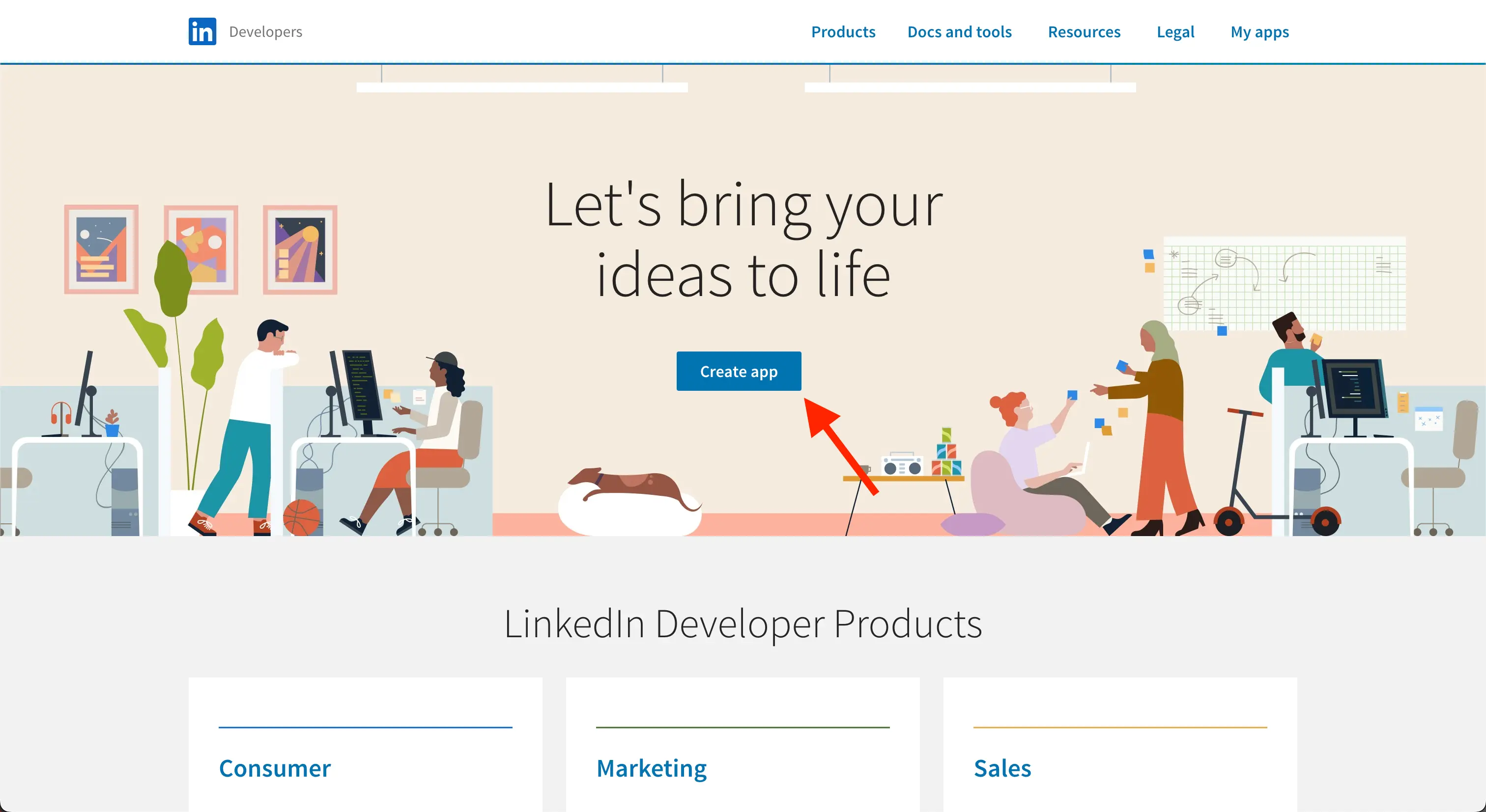 The Linkedin Developer dashboard's homepage. A red arrow is pointing to the 'Create app' button.