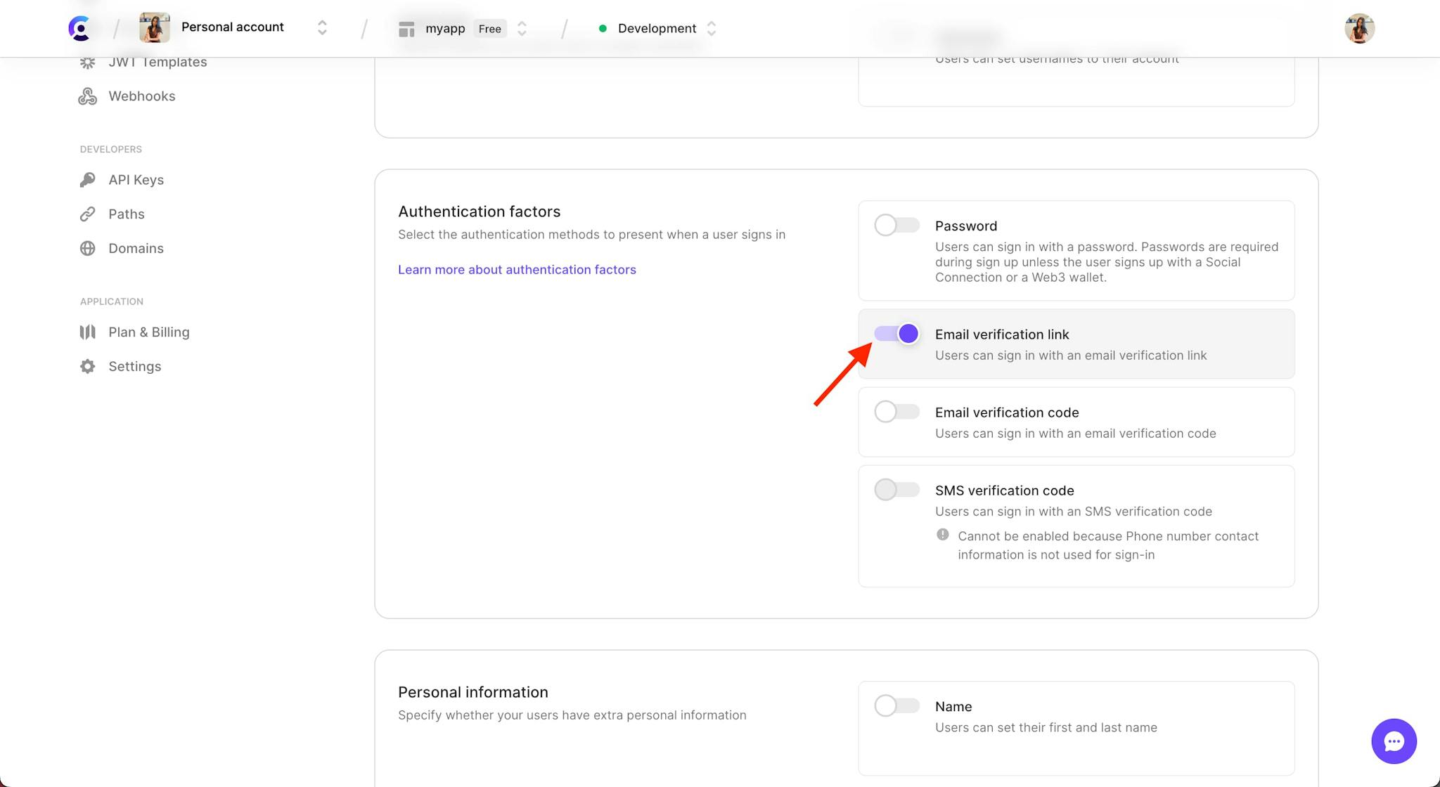 The 'Authentication factors' section of the 'Email, Phone, and Username' page in the Clerk dashboard. There is a red arrow pointing to the 'Email verification link' toggle, which is toggled on.