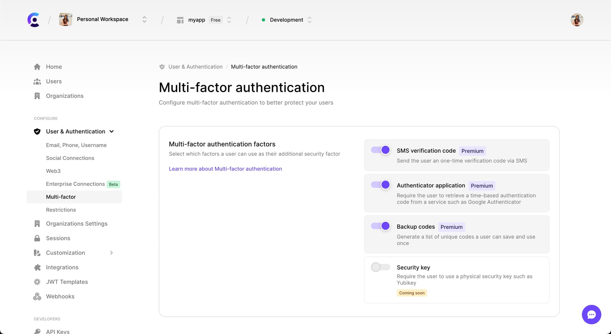 The 'Multi-factor' tab under the 'User & Authentication' section of the Clerk Dashboard.