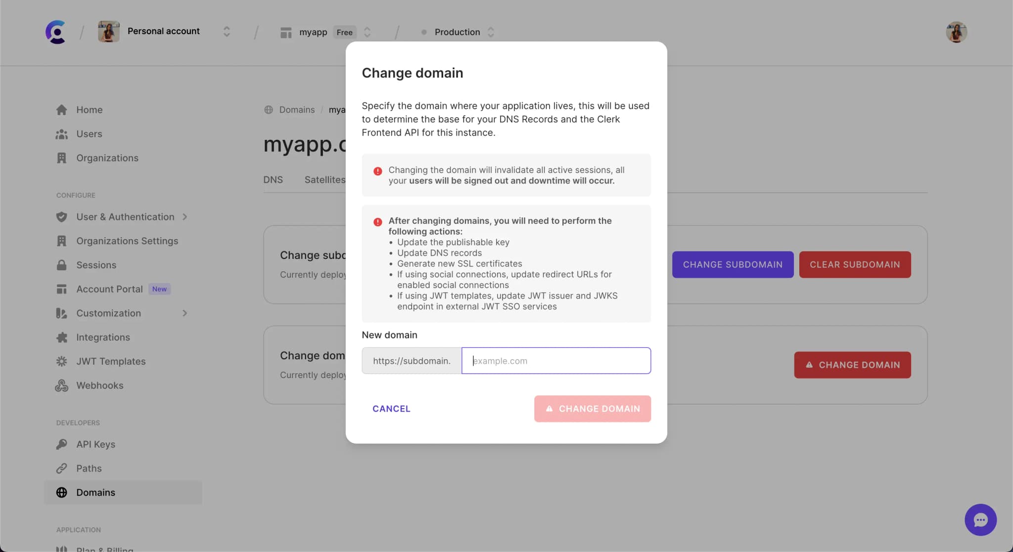 The 'Change domain' modal in the Clerk Dashboard.