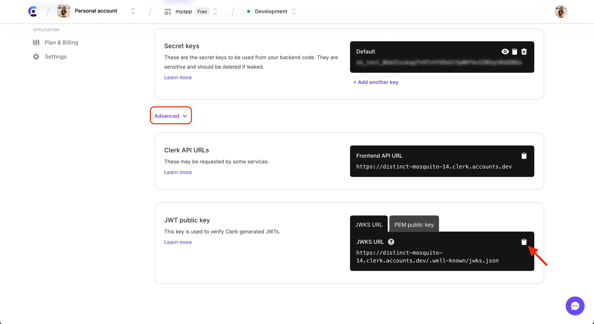 The API Keys page in the Clerk Dashboard. A red box outlines the 'Advanced' drop down button. A red arrow is pointing to the copy button next to 'JWKS URL' in the 'JWT public key' section.